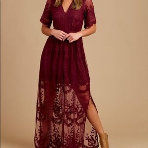 Altar’d State Marionette Wine Red Lace Maxi Dress